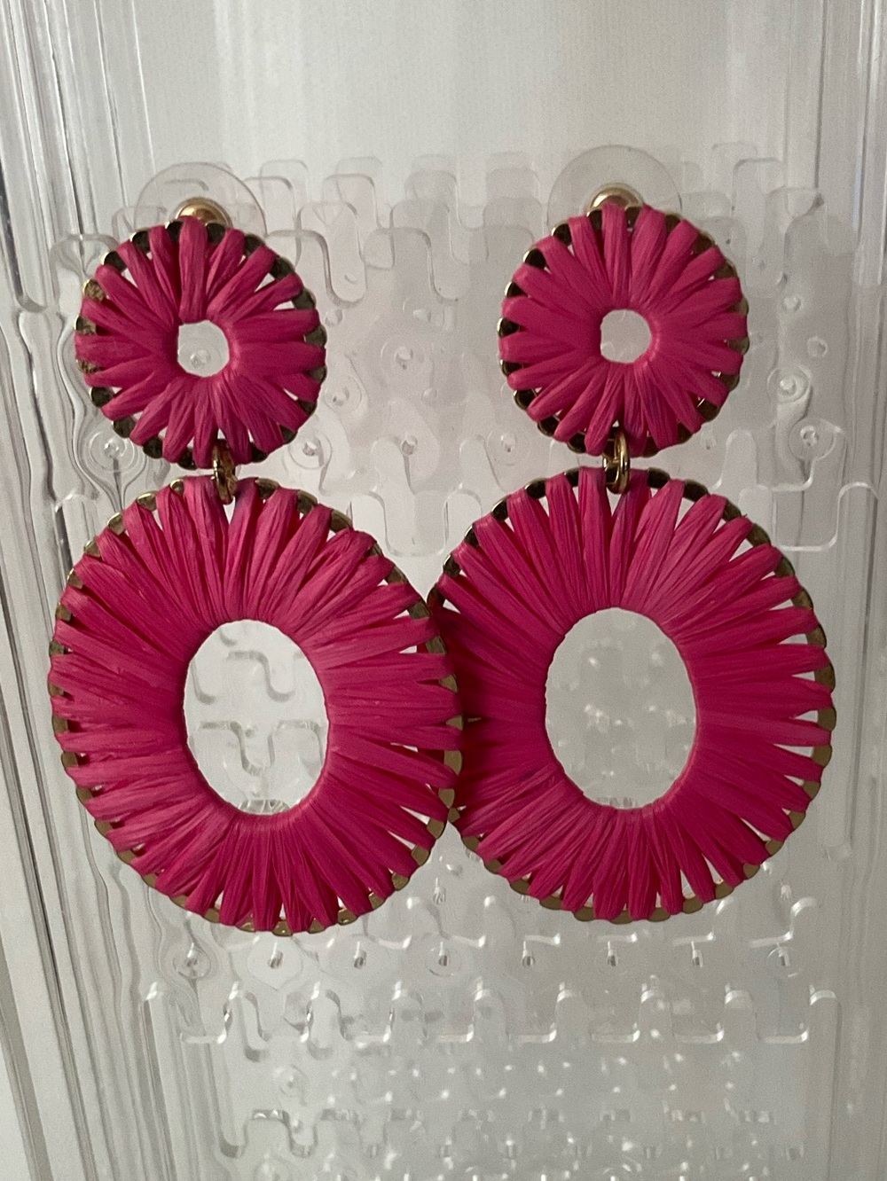 Handmade Pink Raffia Hoop Drop Earrings